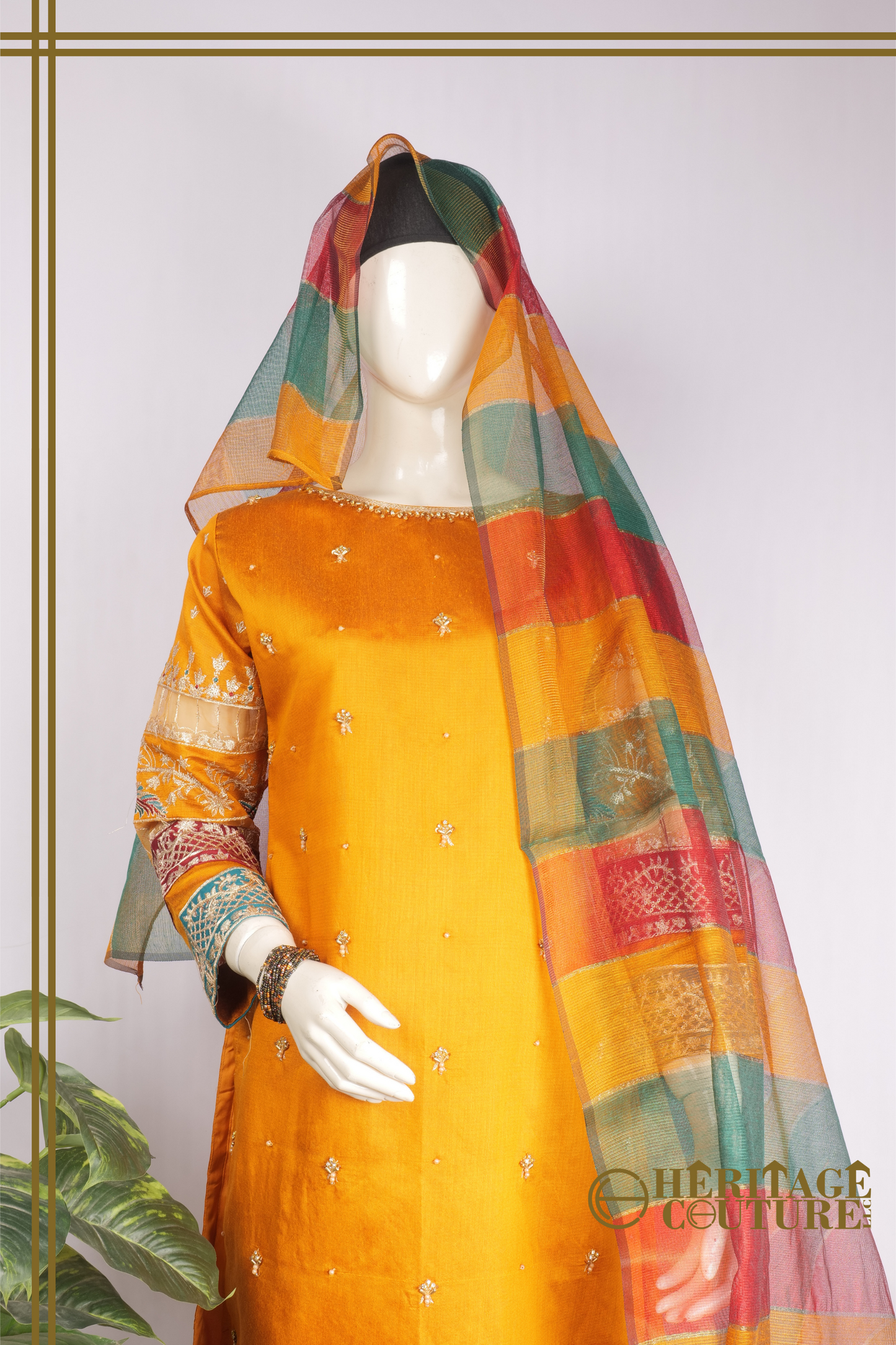 HC013 | Khaadi Elegance - 3 Piece Stitched Cotton Dress with Banarsi Trouser and Net Dupatta
