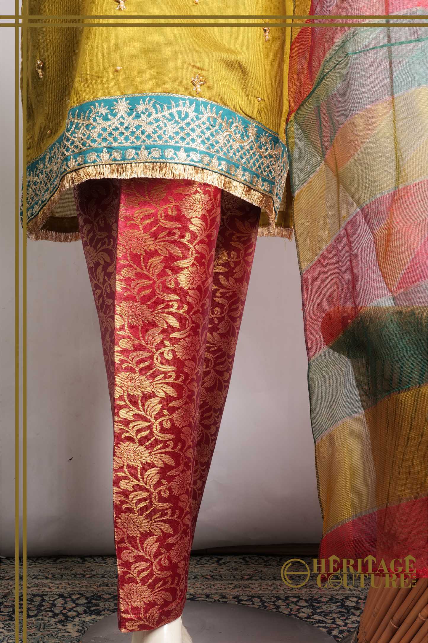 HC012 | Khaadi Delight - 3 Piece Stitched Cotton Dress with Banarsi Trouser and Net Dupatta