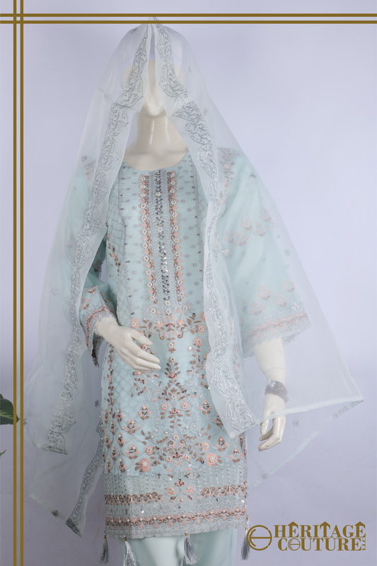 HC008 | Elevate Your Elegance: IFFI AQUA 3-Piece Stitched Dress