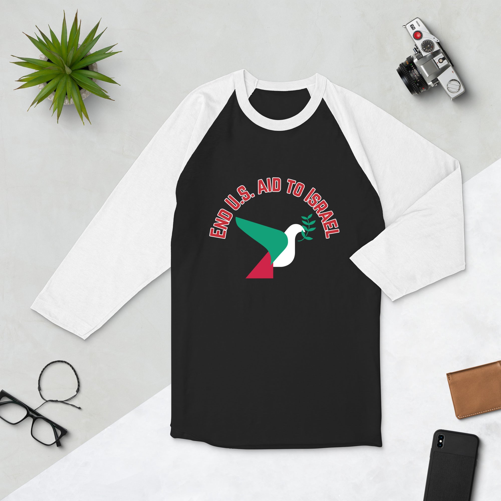 3/4 sleeve raglan shirt- End U.s Aid To Israel Slogan