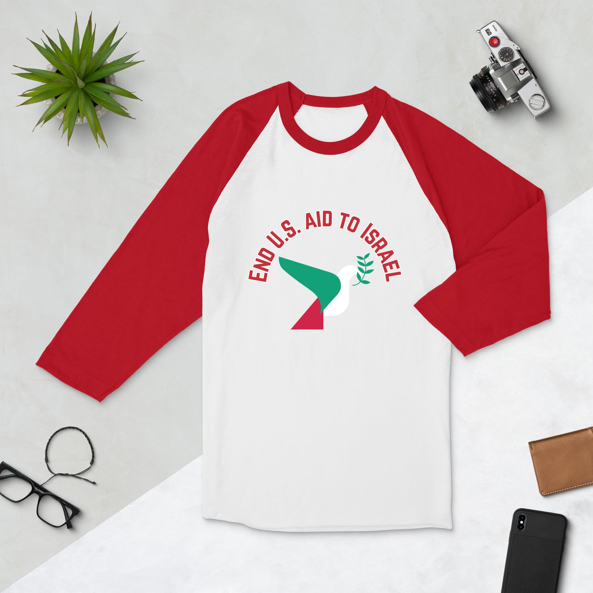 3/4 sleeve raglan shirt- End U.s Aid To Israel Slogan