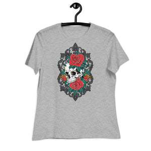 Women's Relaxed T-Shirt- Floral Skull Print