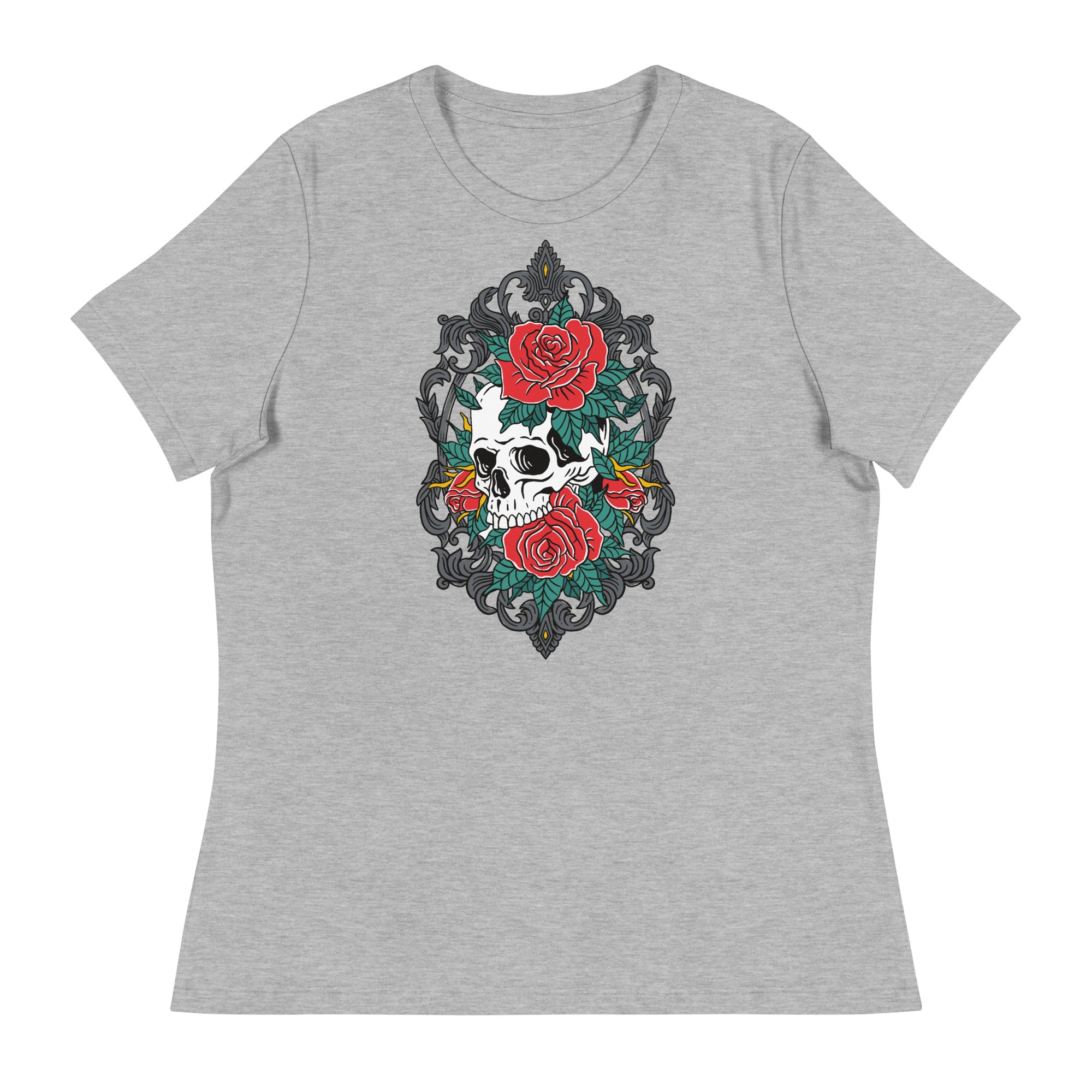 Women's Relaxed T-Shirt- Floral Skull Print