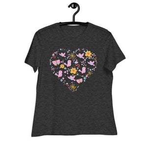 Women's Relaxed T-Shirt- Flower Heart Print