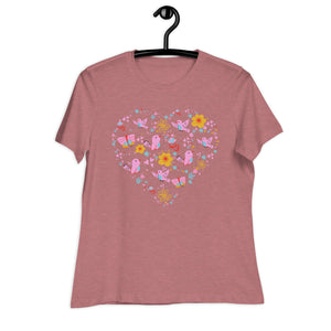 Women's Relaxed T-Shirt- Flower Heart Print