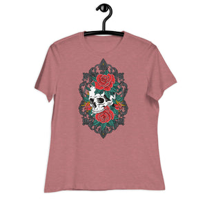 Women's Relaxed T-Shirt- Floral Skull Print