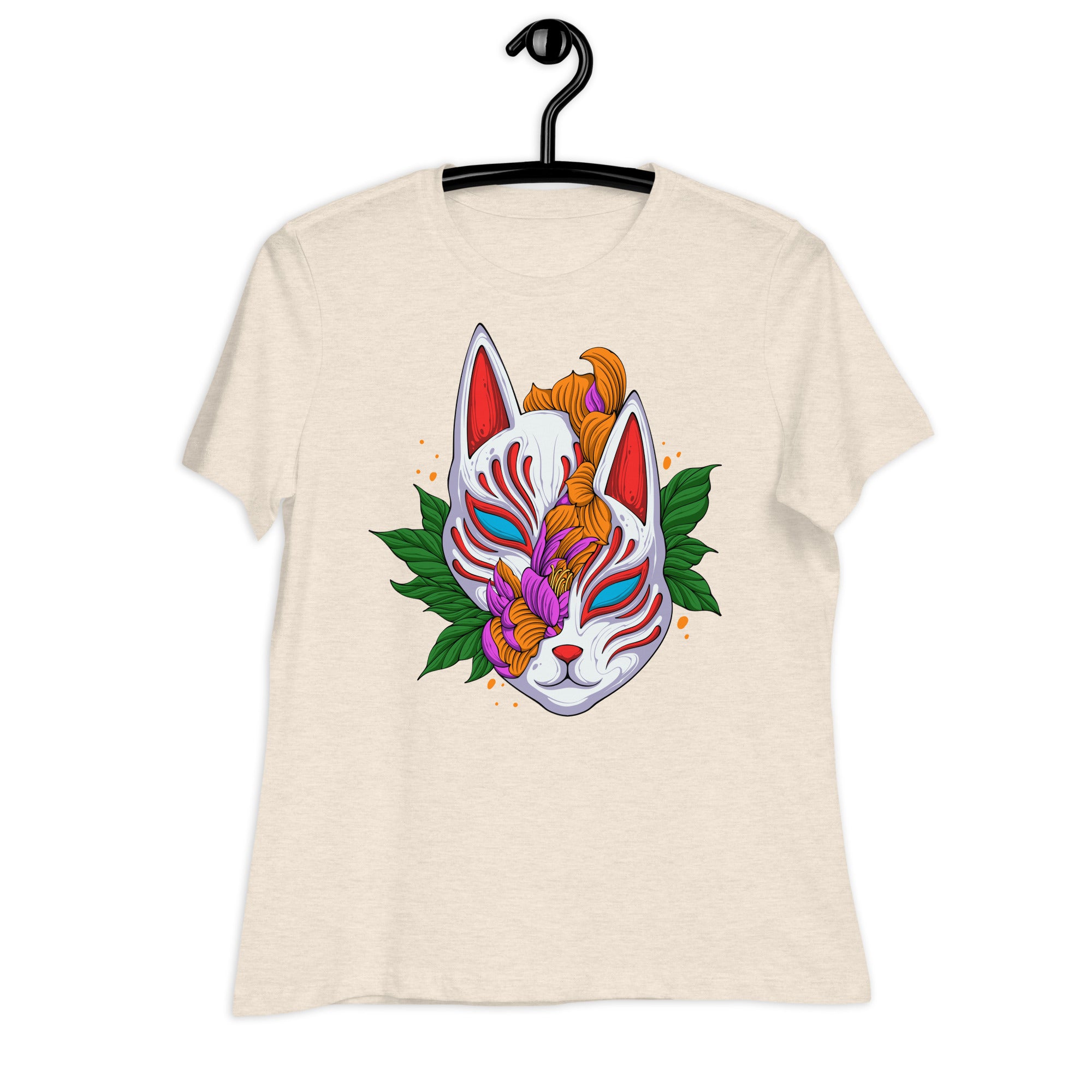 Women's Relaxed T-Shirt- Floral Cat Face Print