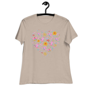 Women's Relaxed T-Shirt- Flower Heart Print