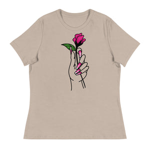 Women's Relaxed T-Shirt- Flower In Hand Print