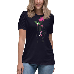 Women's Relaxed T-Shirt- Flower In Hand Print