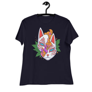 Women's Relaxed T-Shirt- Floral Cat Face Print