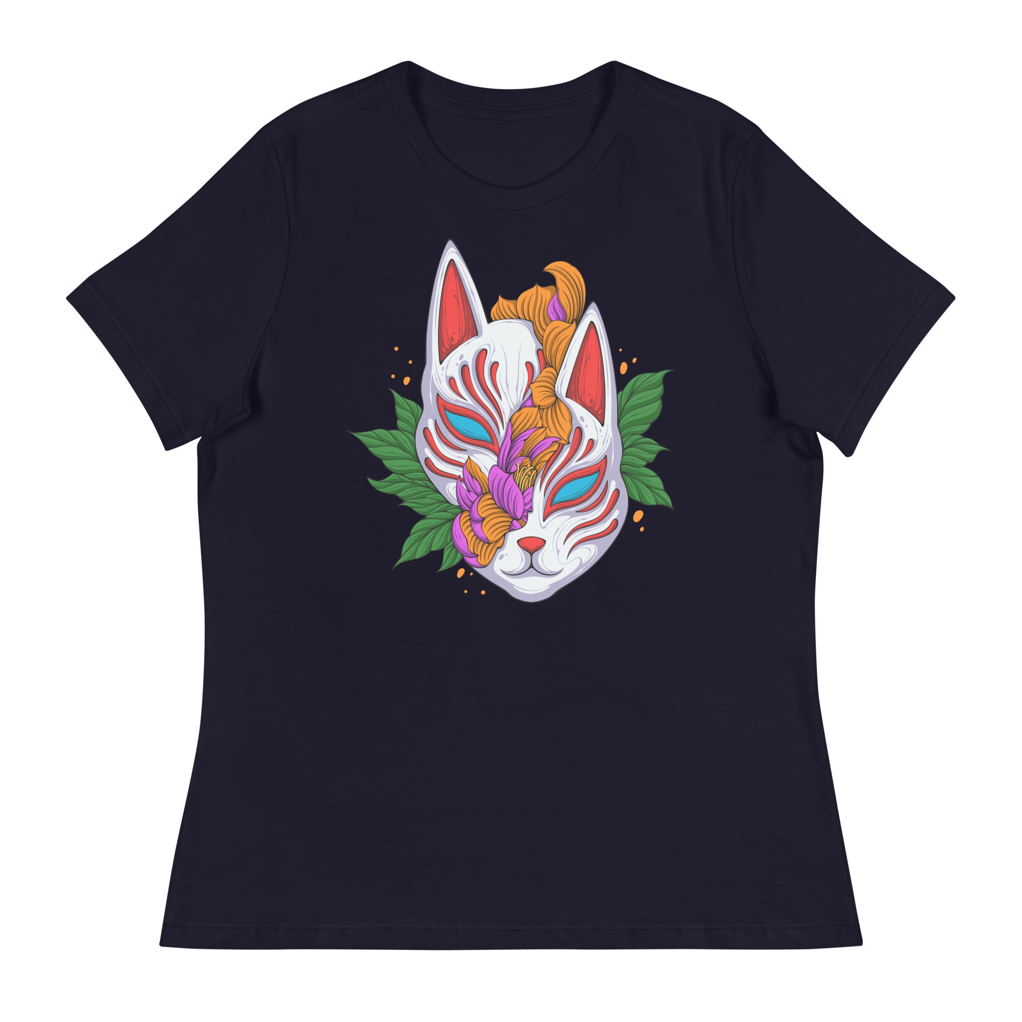 Women's Relaxed T-Shirt- Floral Cat Face Print