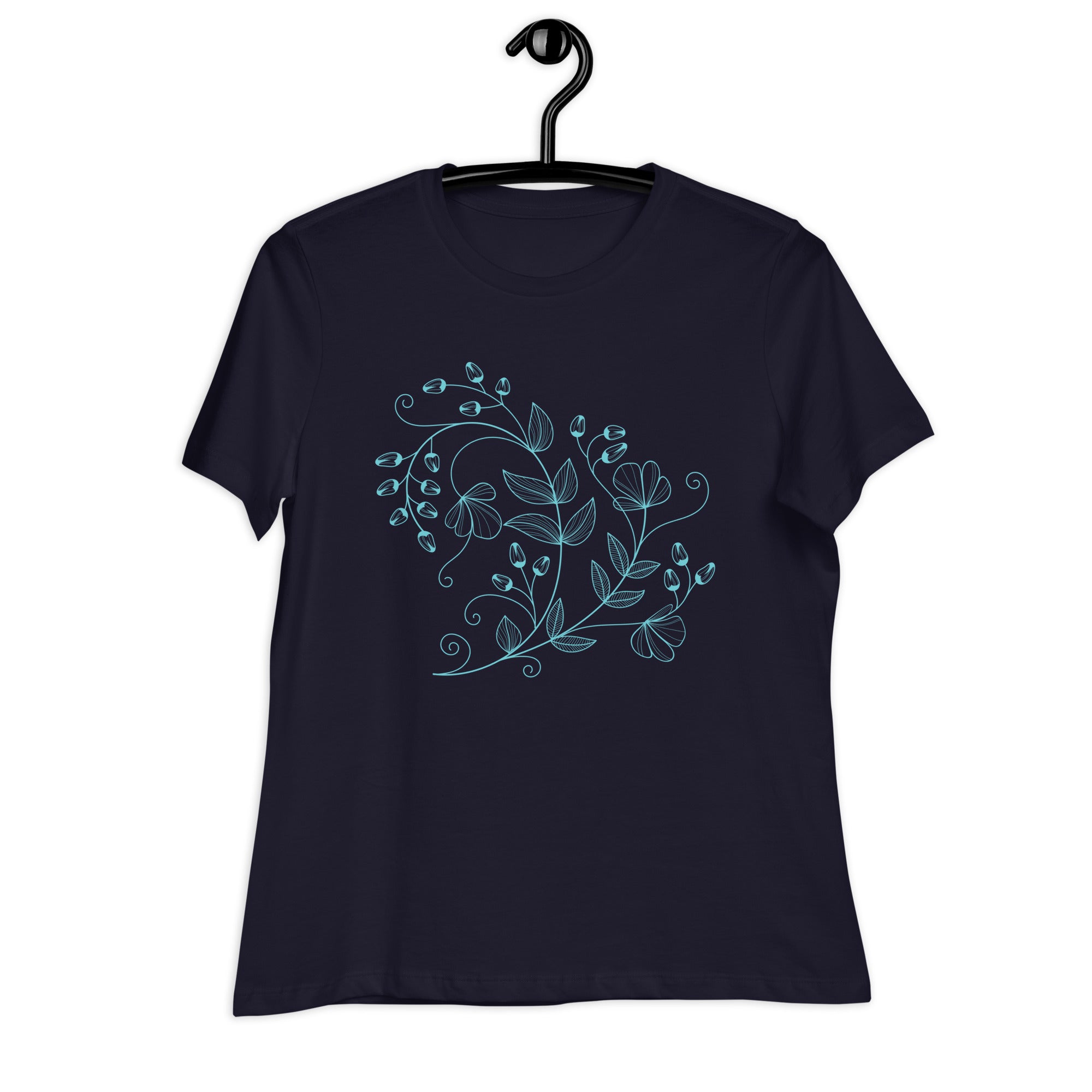 Women's Relaxed T-Shirt- Blue Neon Light Flower Print