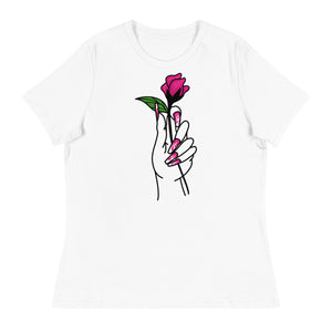 Women's Relaxed T-Shirt- Flower In Hand Print